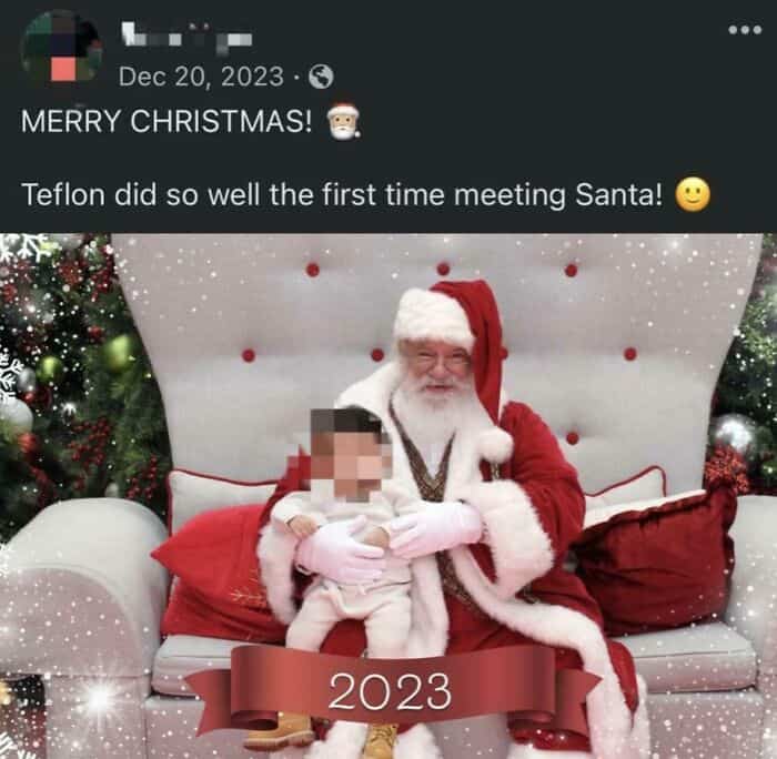 A Facebook post about a baby named "Teflon" meeting Santa, a hilarious addition to the list of worst baby names.