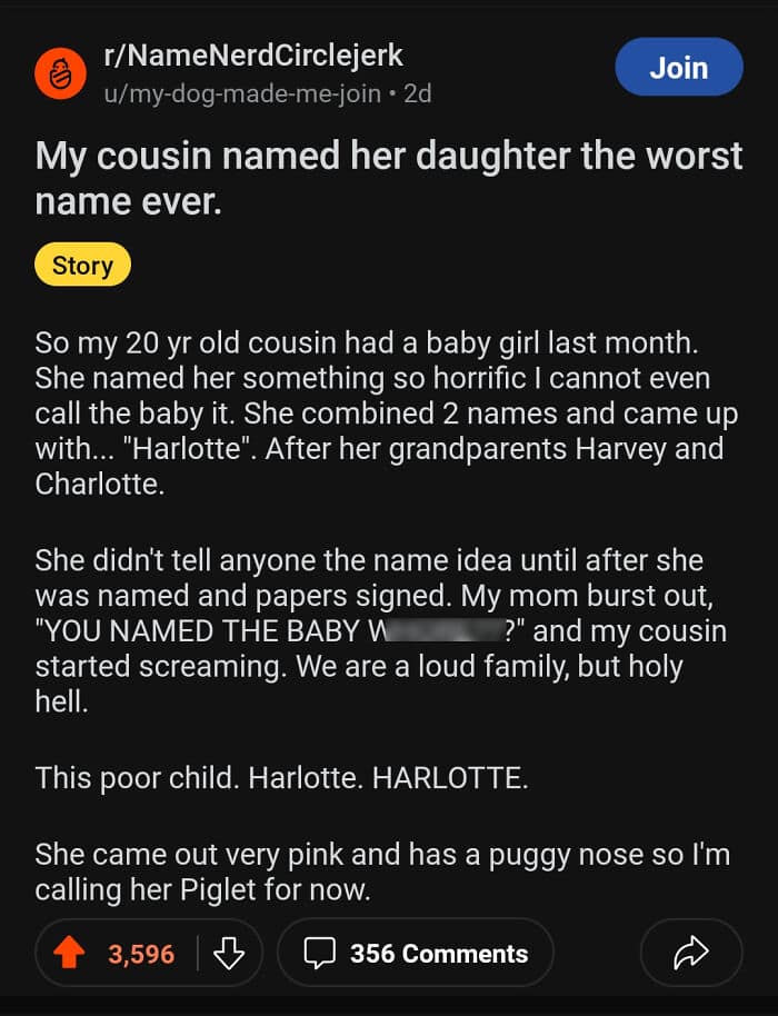 A Reddit story about a cousin combining Harvey and Charlotte to create "Harlotte," one of the absolute worst baby names.