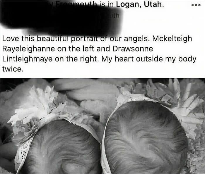A Facebook post introducing twins with the worst baby names spellings: Mckelteigh and Drawsonne.