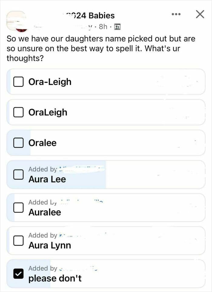 A poll asking for the best spelling of "Ora-Leigh" where the winning option is simply "please don't" to avoid worst baby names.