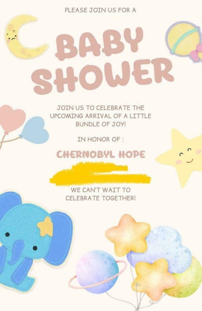 A baby shower invitation for a child named "Chernobyl Hope," undeniably one of the worst baby names in history.