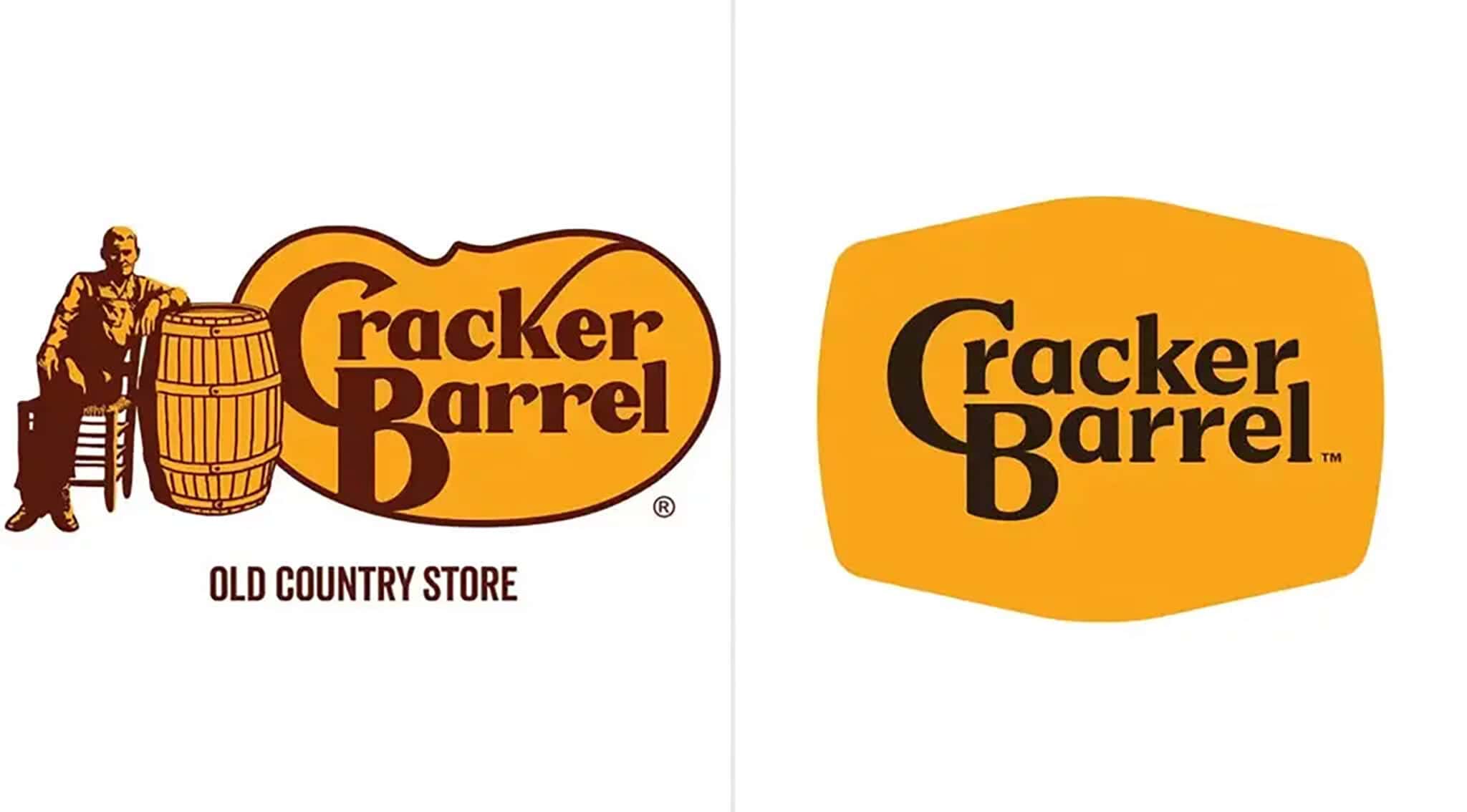 Side by side comparison of old detailed Cracker Barrel logo versus boring modern redesign.