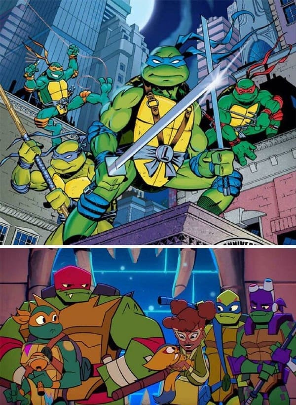 Classic muscular Teenage Mutant Ninja Turtles art compared to angular modern cartoon redesign.