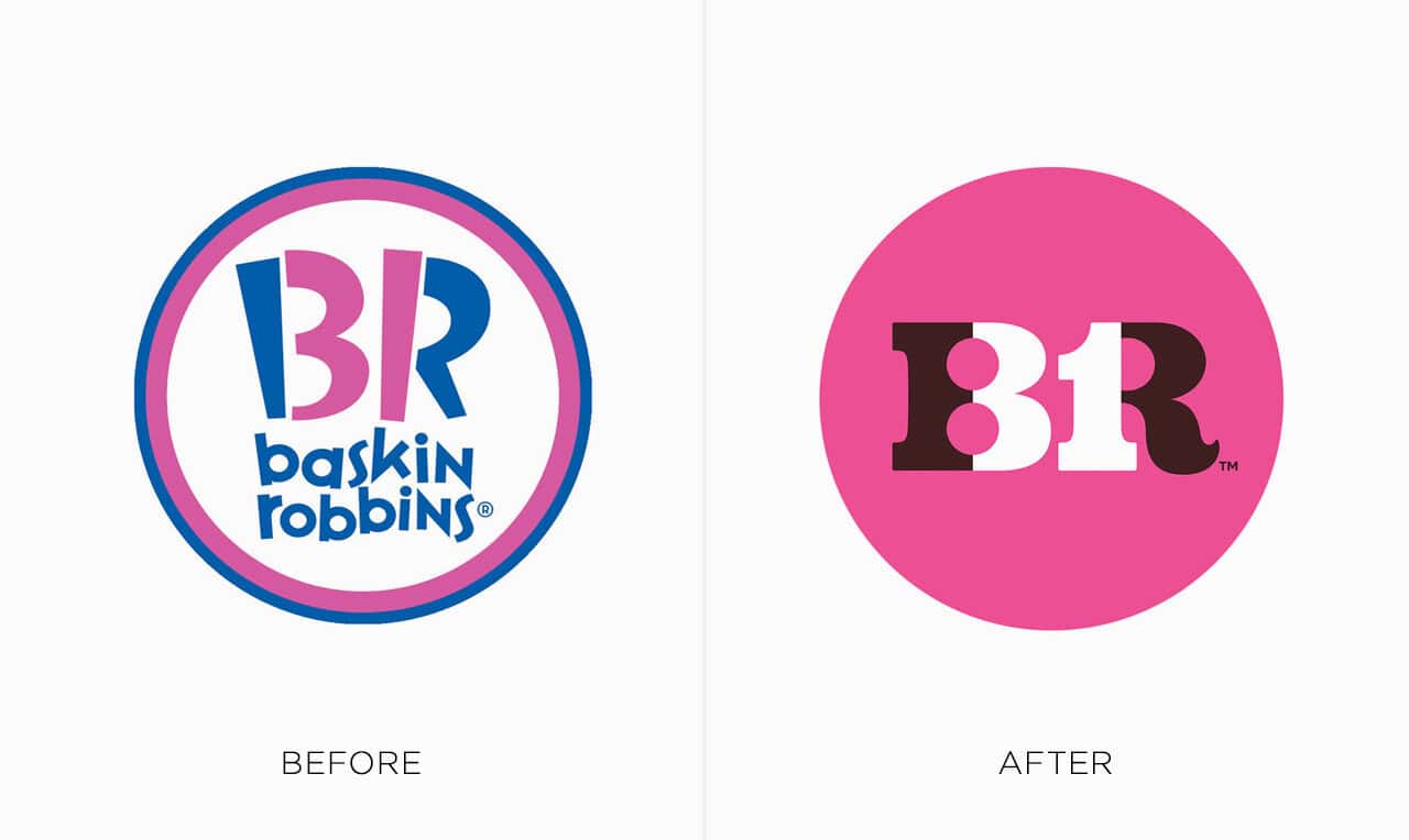 Comparison of classic blue and pink Baskin Robbins logo against unappealing brown and pink rebrand.