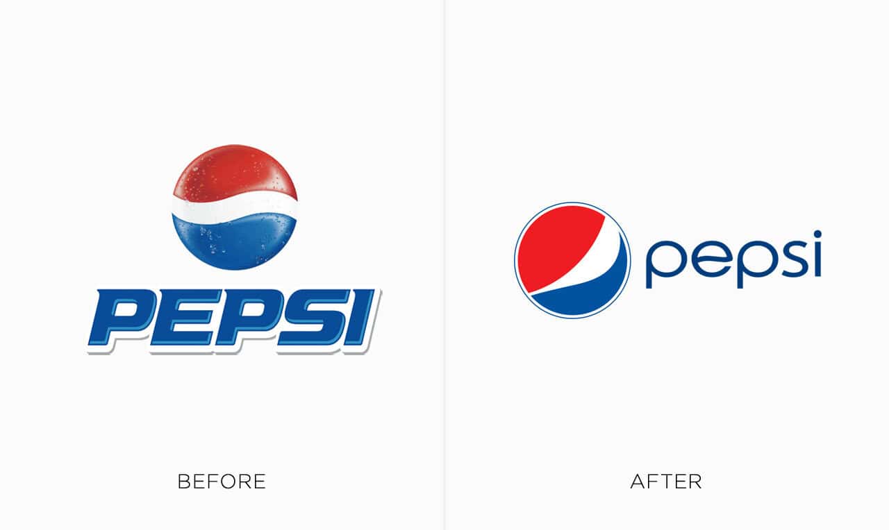 Evolution of Pepsi logo from detailed three dimensional sphere to flat minimalist vector graphic.