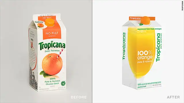 Famous failed Tropicana packaging redesign showing original orange with straw versus generic glass image.