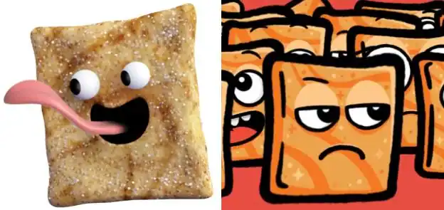 Cinnamon Toast Crunch mascot change from happy 3D character to chaotic 2D emoji faces.