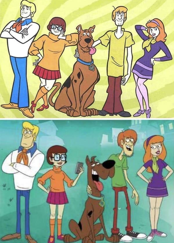 Classic Scooby Doo gang animation style compared to controversial modern character redesigns.