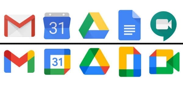 Comparison of distinct Google app icons versus confusingly similar rainbow colored uniform logos.