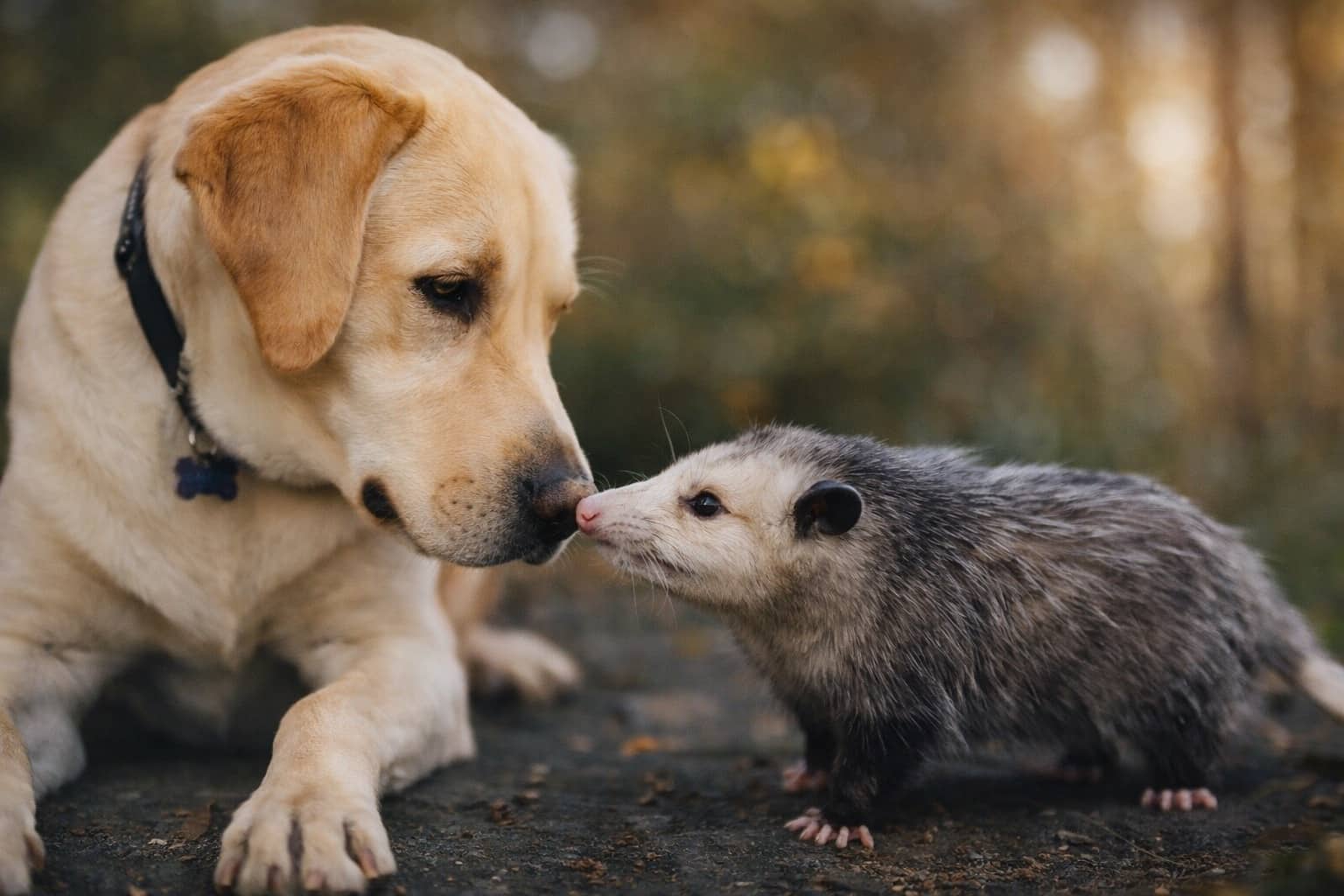 Yellow Labrador dog gently touching noses with a small gray opossum outdoors in a meadow.