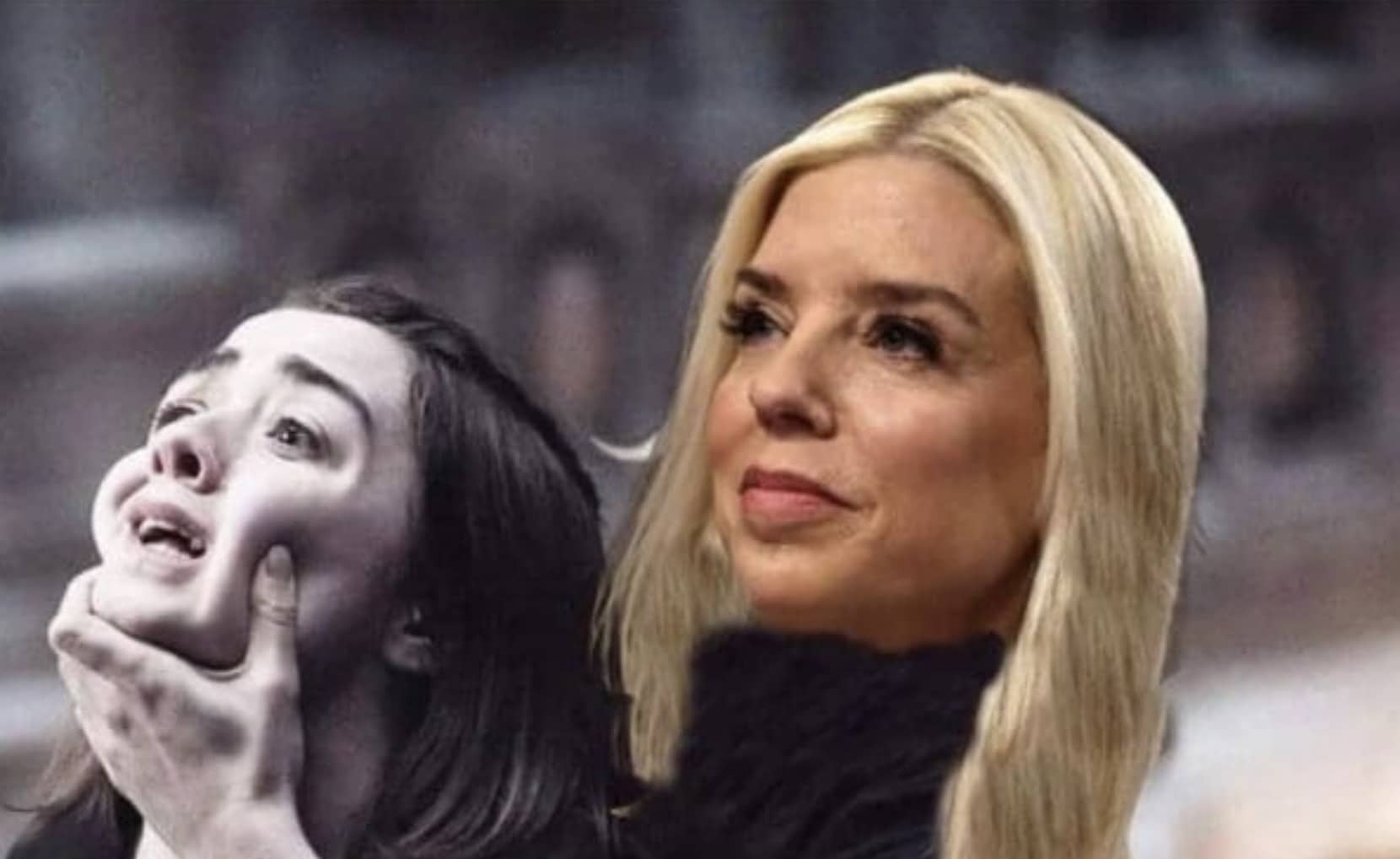 Surreal Photoshop meme featuring a woman in a black turtleneck holding another woman's face.Pam Bondi memes.