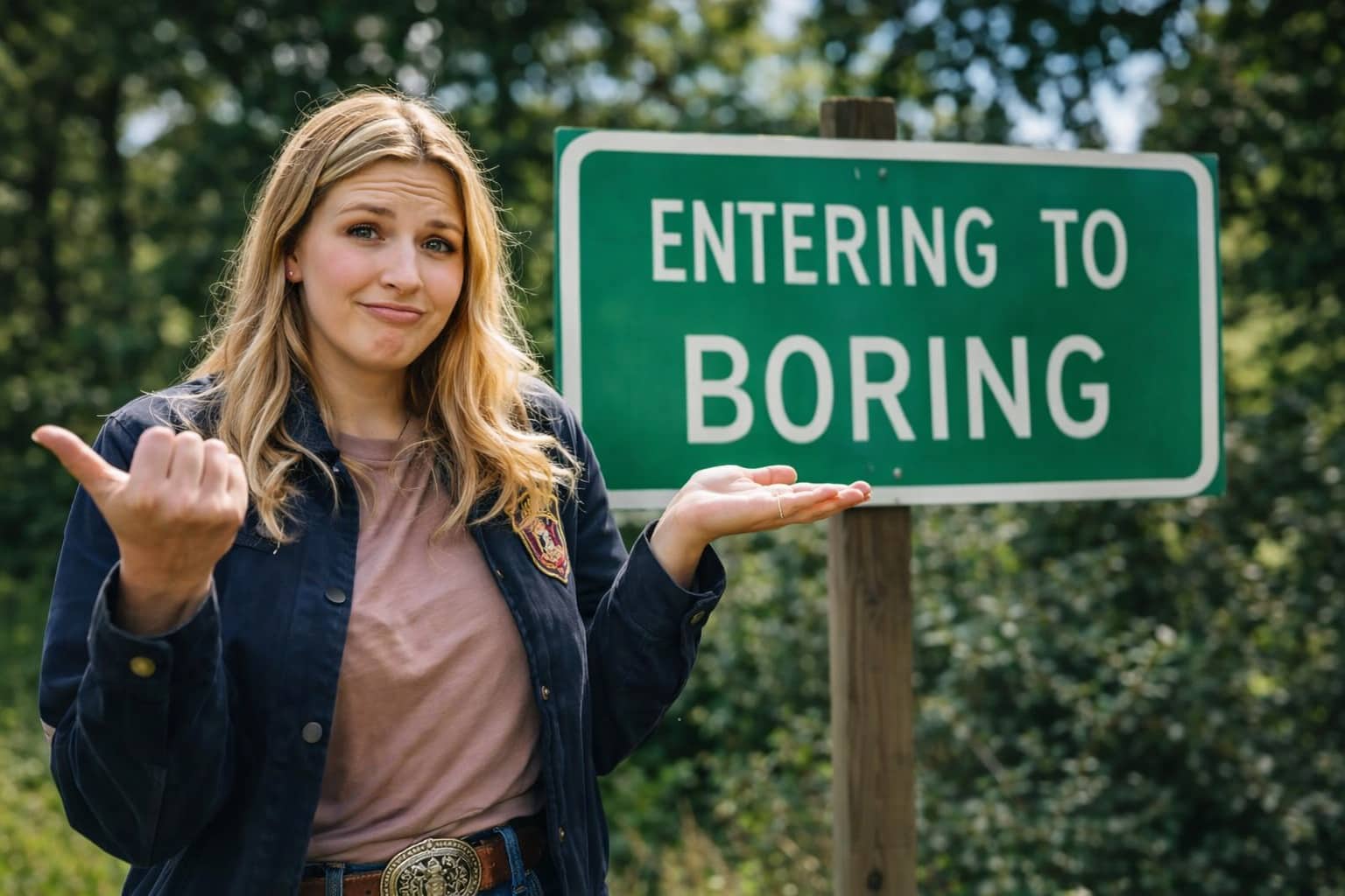 Woman standing next to a green road sign that says Entering to Boring weird town names.