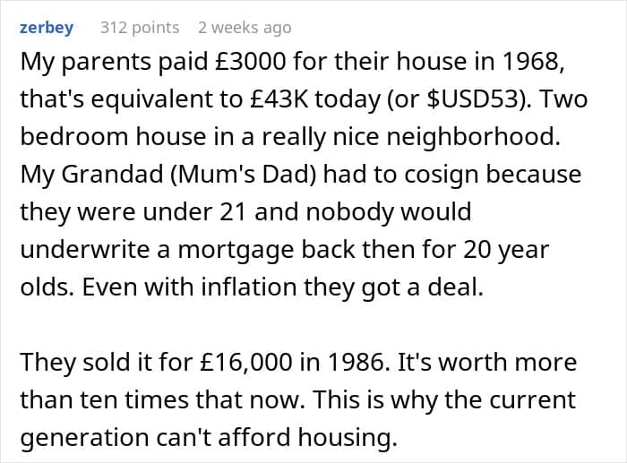 Detailed comment comparing a £3,000 house in 1968 to its massive modern-day valuation.