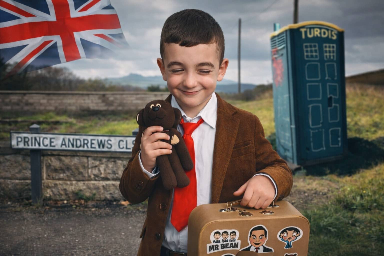 Young boy dressed as Mr. Bean holding a teddy bear near a Turdis police box.