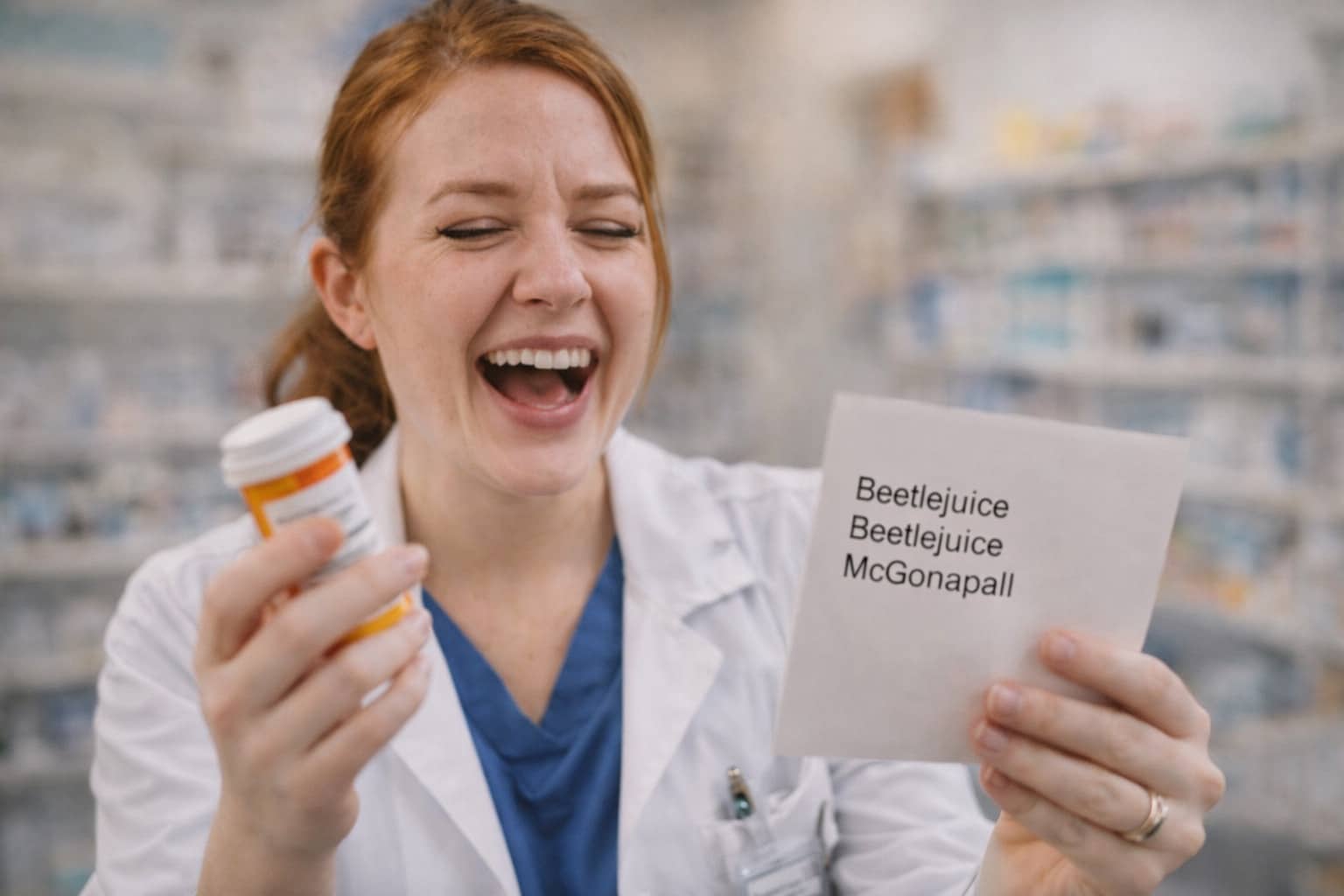 Laughing pharmacist holding a prescription with funny pet names like Beetlejuice and McGonapall.