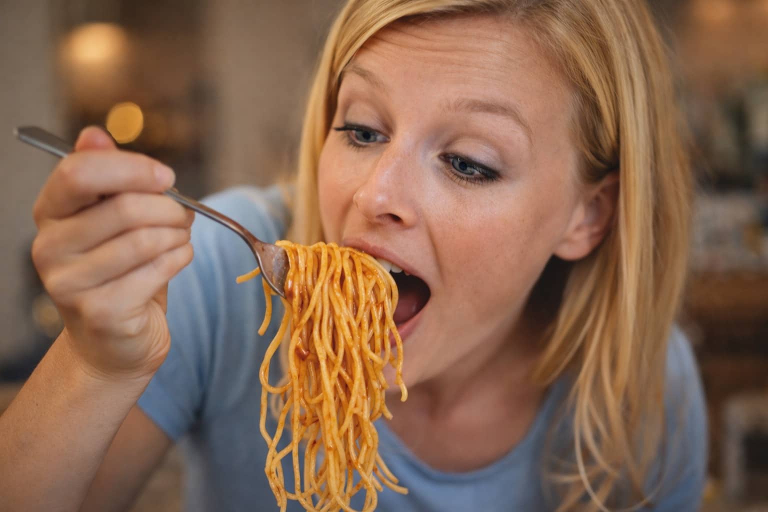 Woman eating a large forkful of spaghetti with tomato sauce, relatable pasta memes and humor.