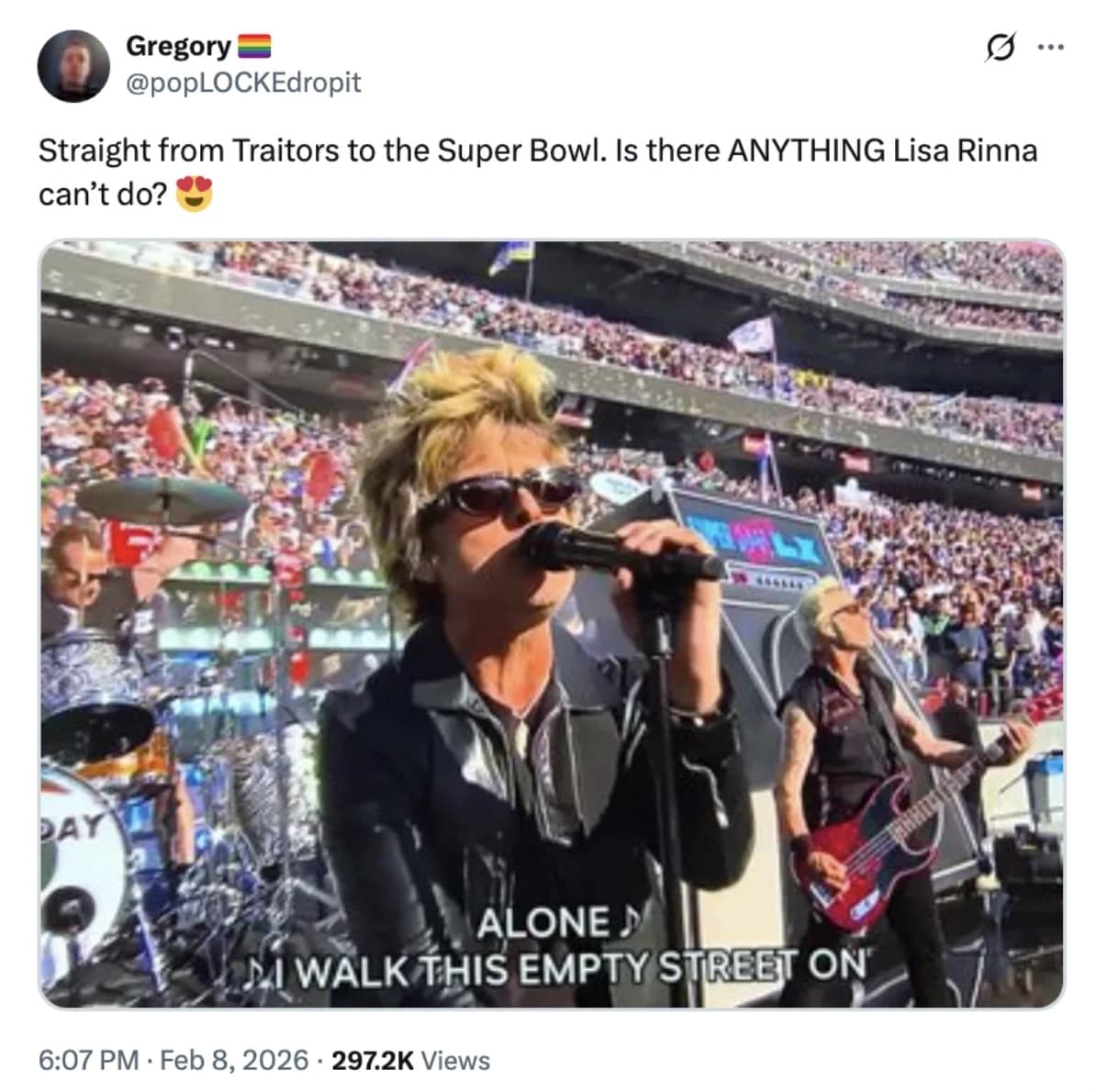 A hilarious 2026 Super Bowl meme comparing Green Day's Billie Joe Armstrong to Lisa Rinna from Real Housewives.
