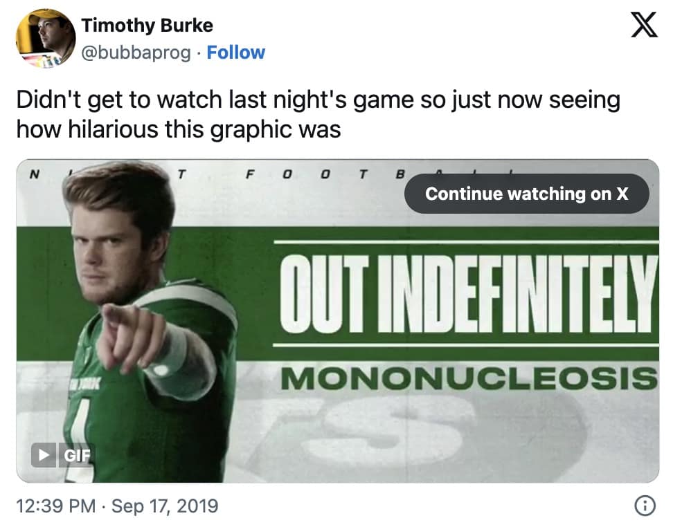 A throwback 2026 Super Bowl meme featuring the infamous Sam Darnold "Out Indefinitely Mononucleosis" graphic from his Jets days.