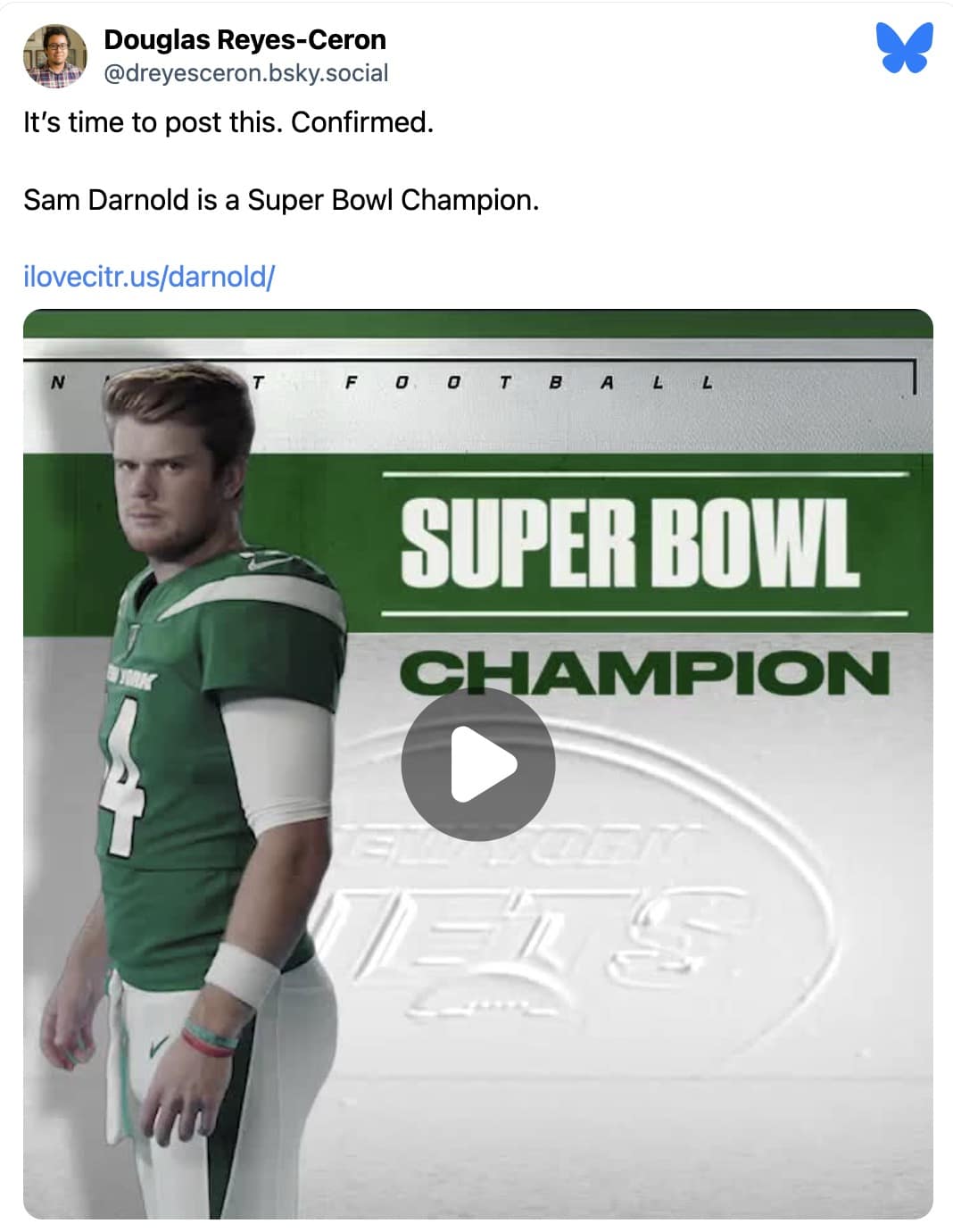 A celebratory 2026 Super Bowl meme editing the Sam Darnold graphic to read "Super Bowl Champion."