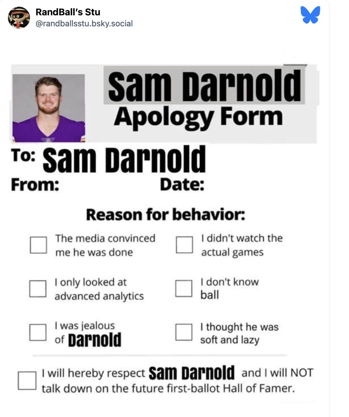 "Sam Darnold Apology Form" 2026 Super Bowl meme with checkboxes for haters to admit they "didn't know ball" or were "jealous."