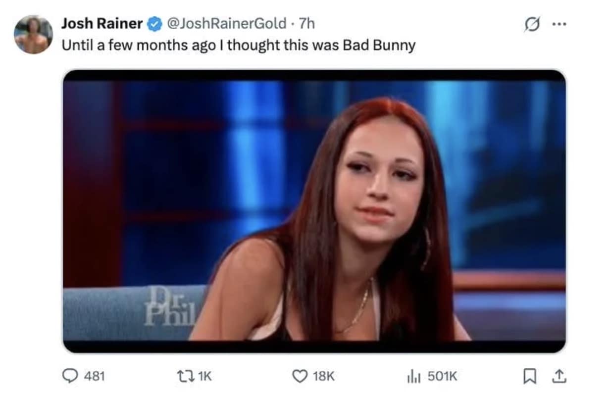A case of mistaken identity 2026 Super Bowl meme comparing the "Cash Me Outside" girl to Bad Bunny.