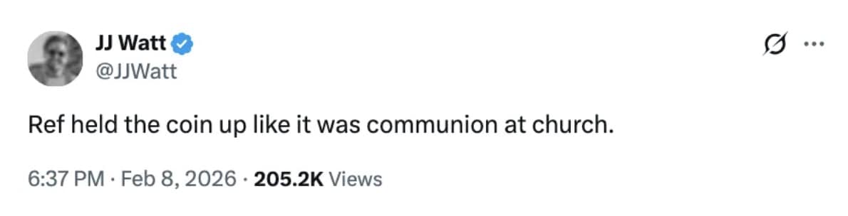 A 2026 Super Bowl meme tweet from JJ Watt joking that the referee held the coin toss like it was communion at church.