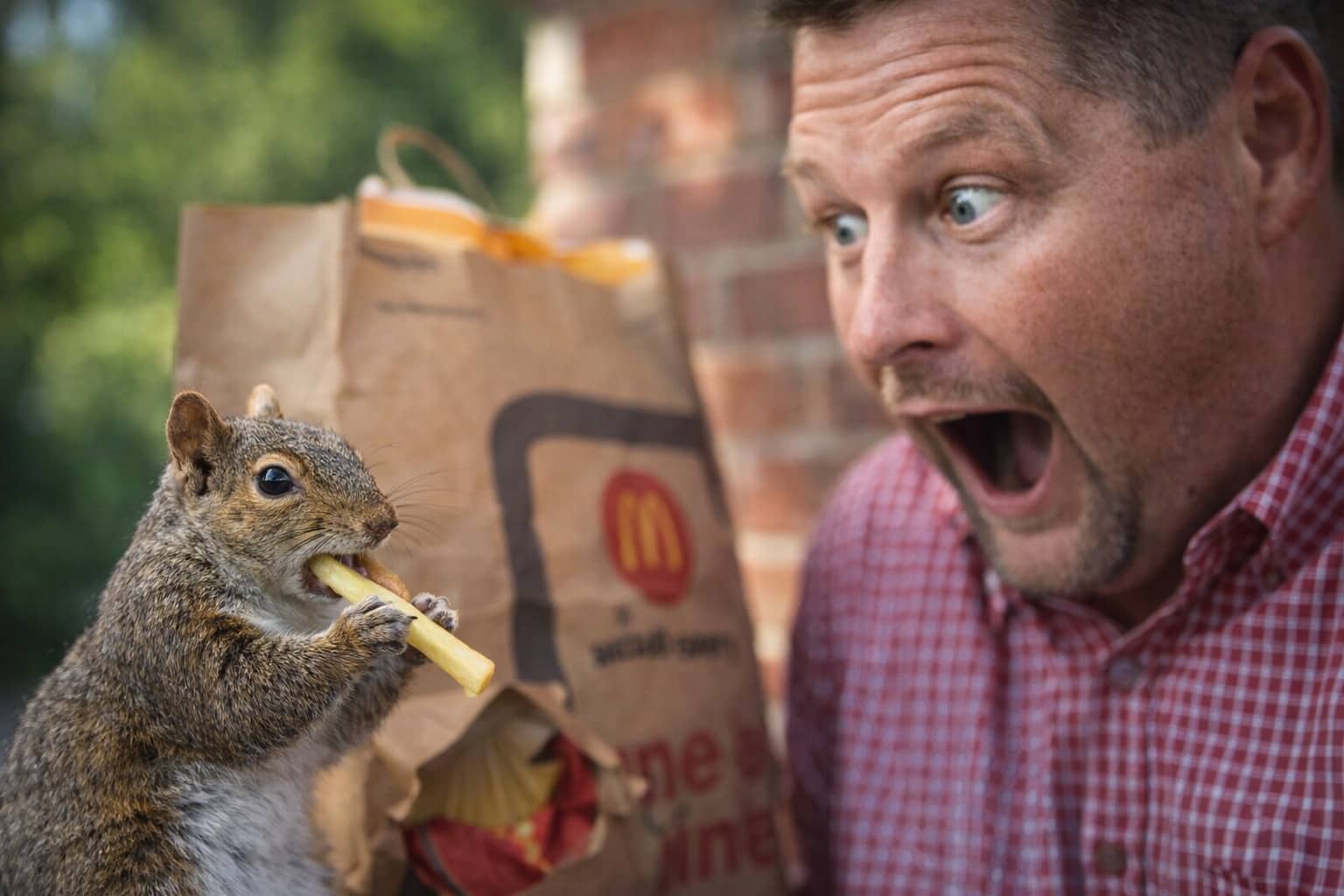 Surprised man watching a squirrel eat a McDonald's french fry, wild animal memes humor content.