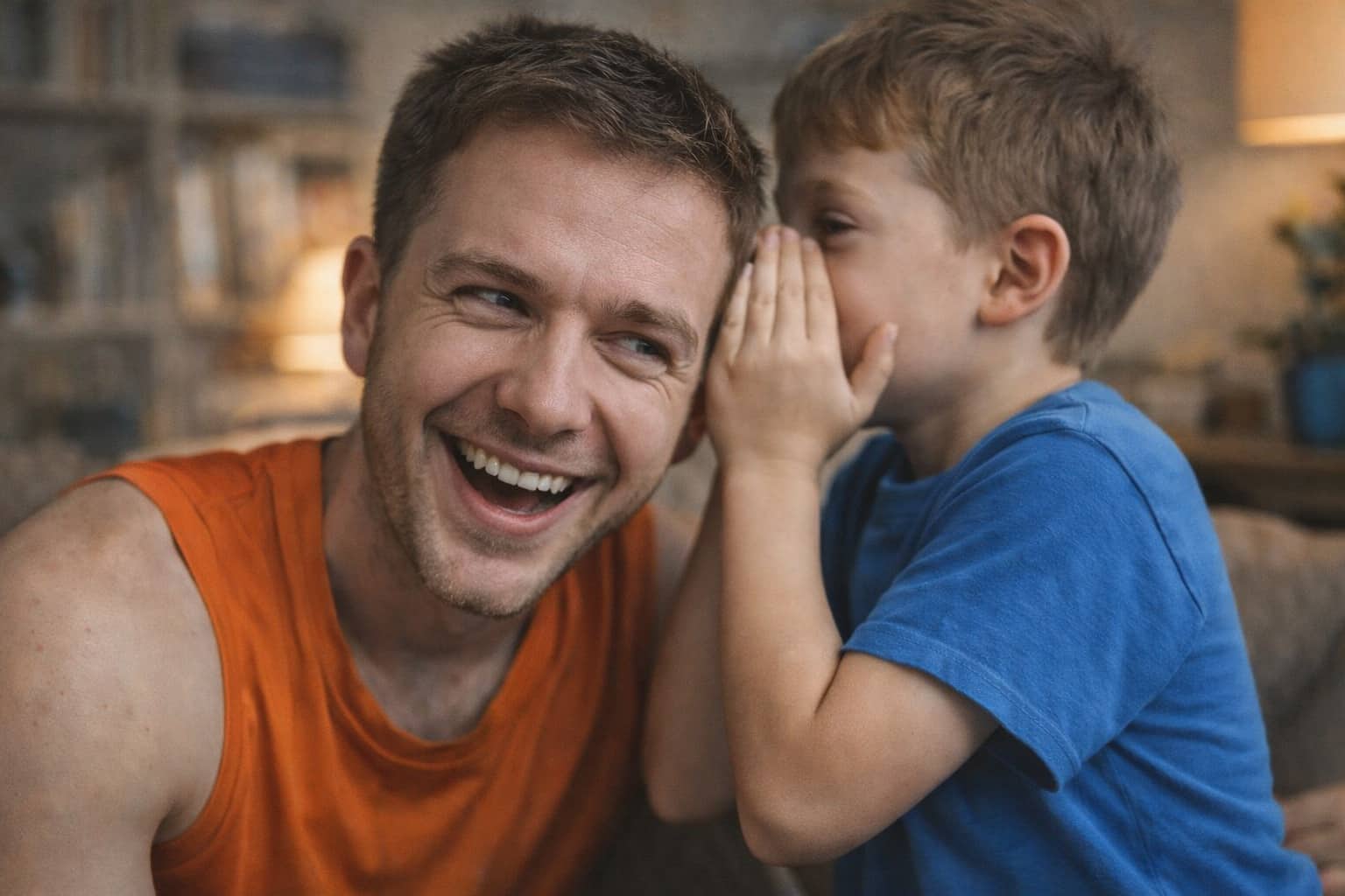 Young boy whispering a secret into his father's ear, depicting funny "boys will be boys" memes.