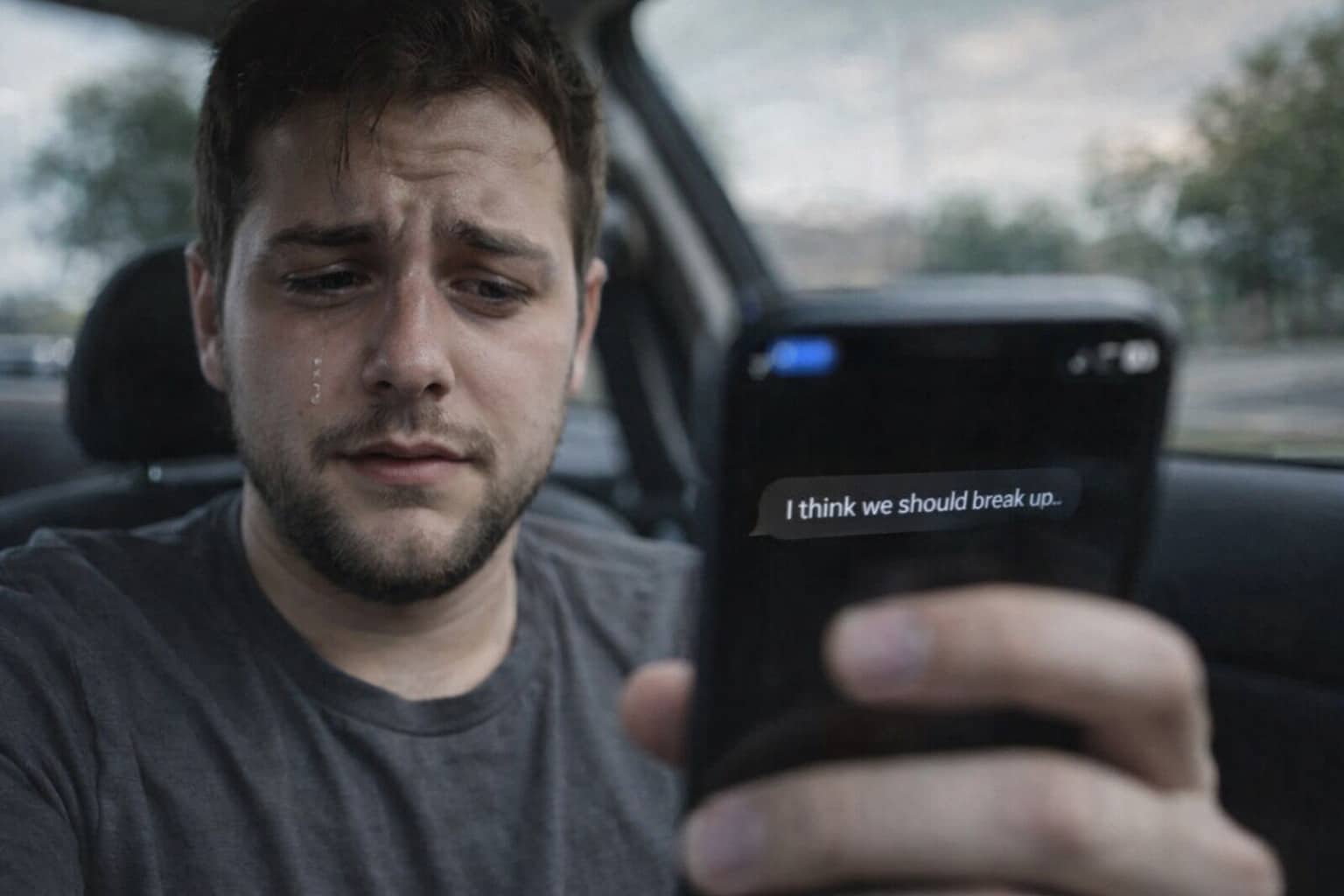 Sad man crying in a car while looking at a breakup text message on his smartphone.
