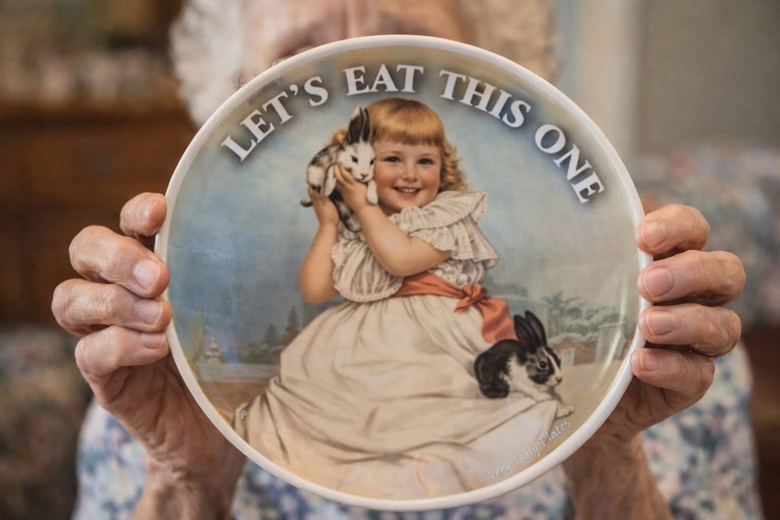 Hands holding a decorative vintage plate featuring a girl and rabbits with text saying very ugly plates.
