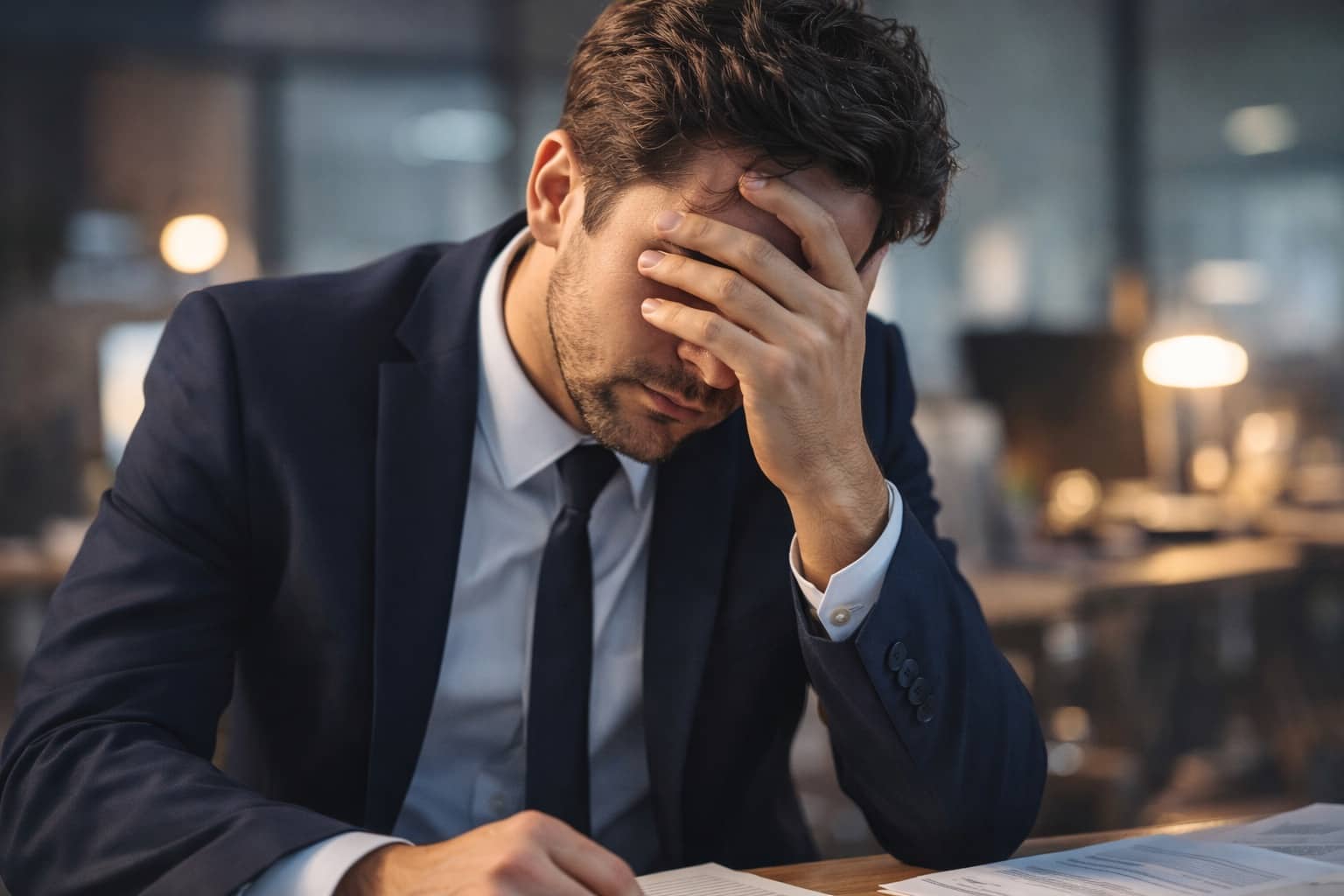 Stressed businessman in a suit holding his head, representing relatable work tweets and office burnout.