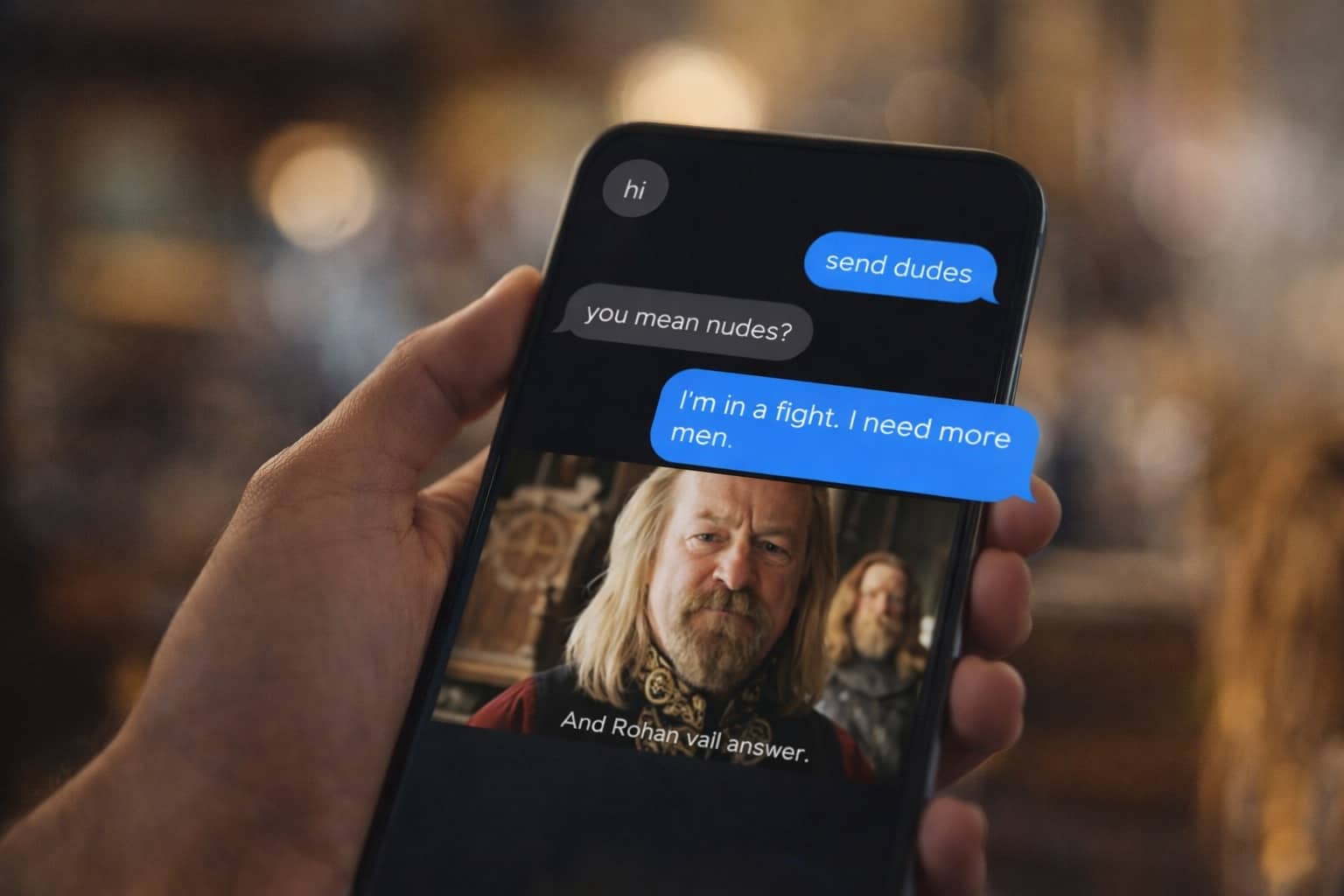 Hand holding a phone showing a funny group chats message requesting dudes for a battle reinforcement.