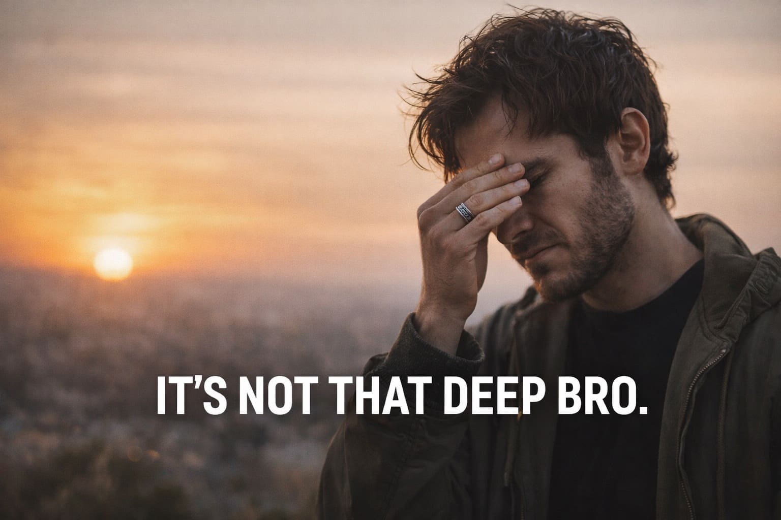 Man holding head in hands with sunset background and it's not that deep bro meme text.