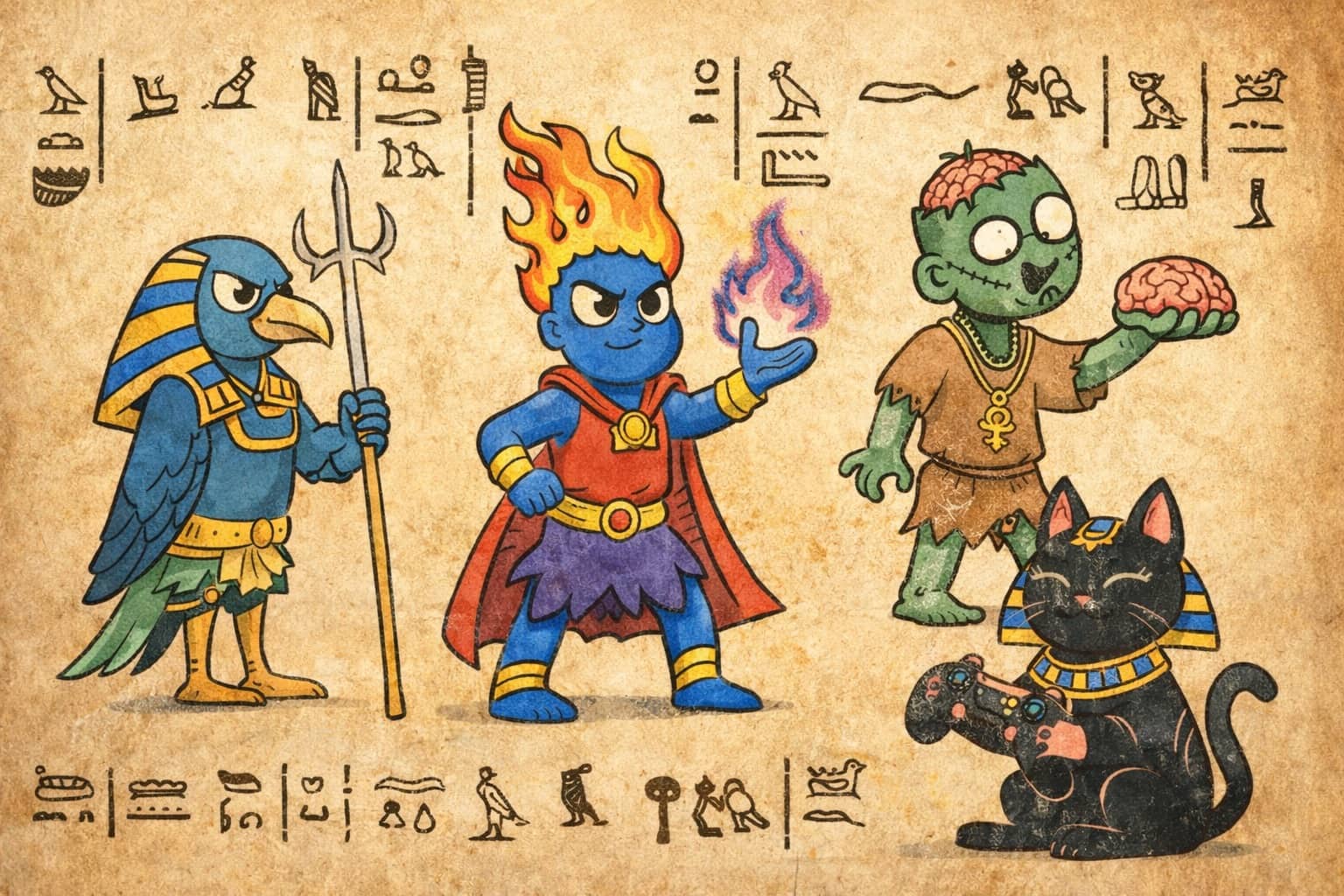 Cartoon illustrations of Egyptian gods as modern pop culture characters on parchment with hieroglyphs.