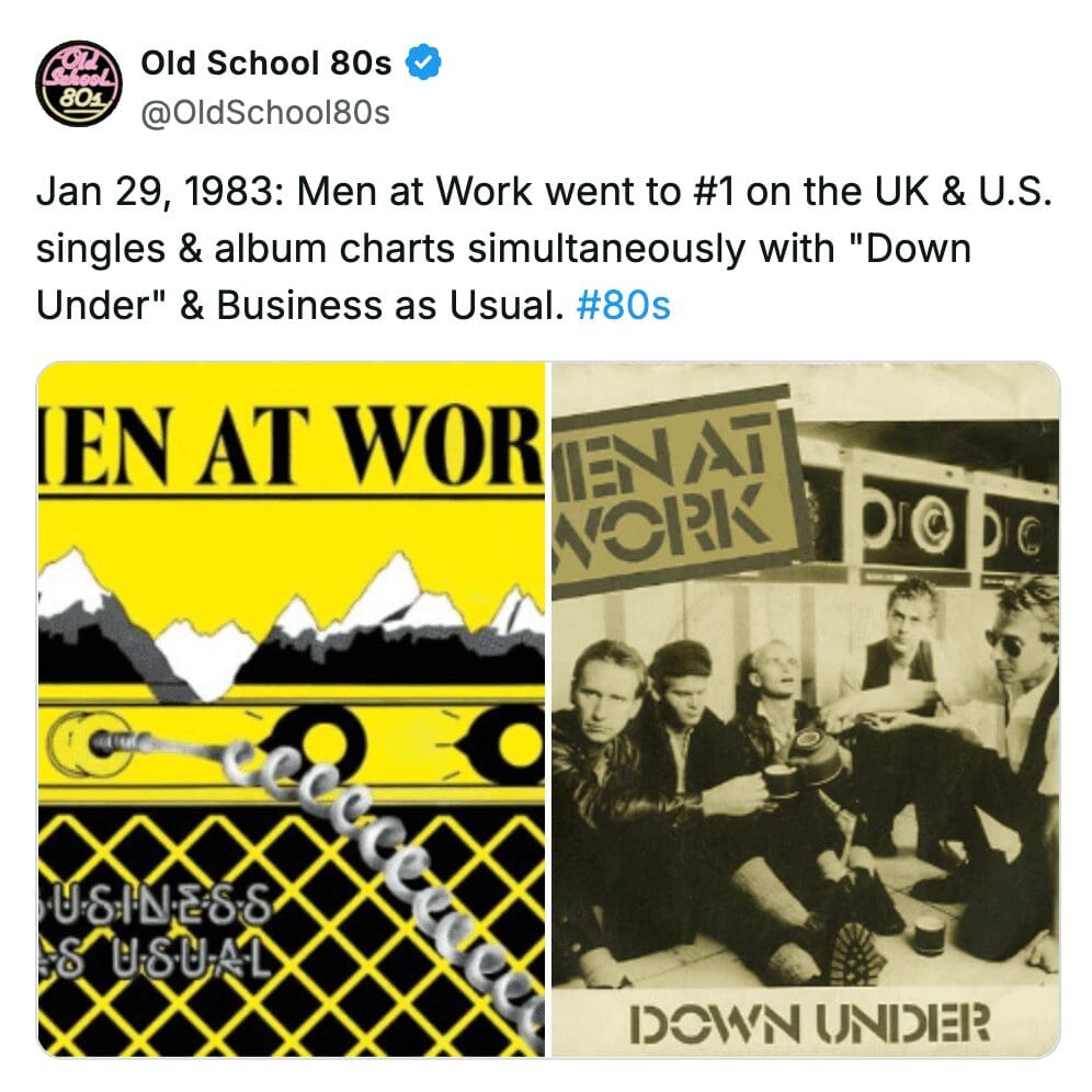 Split screen showing Men at Work album "Business as Usual" and "Down Under" single covers.