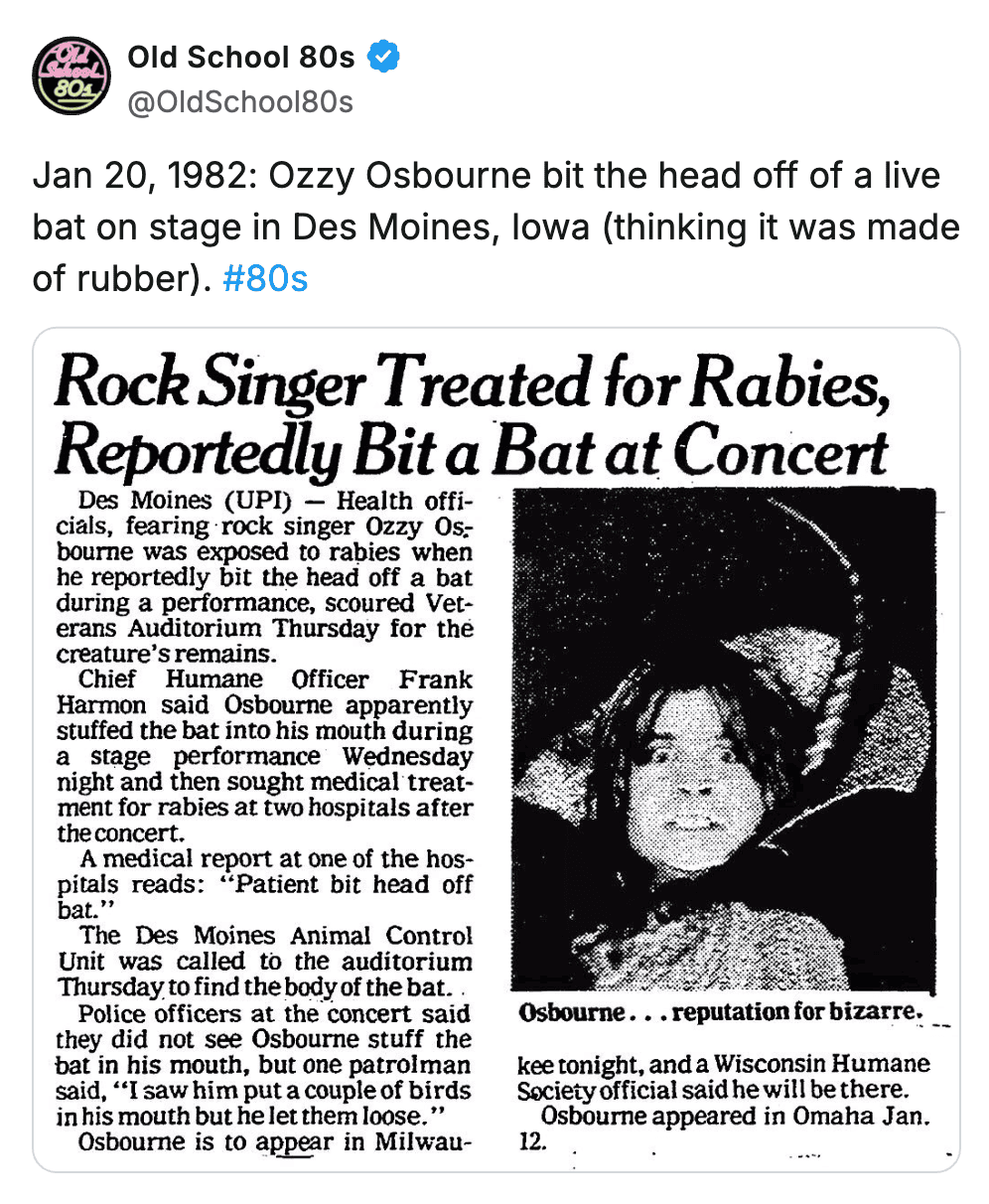 Vintage newspaper clipping detailing Ozzy Osbourne biting the head off a bat at a concert.
