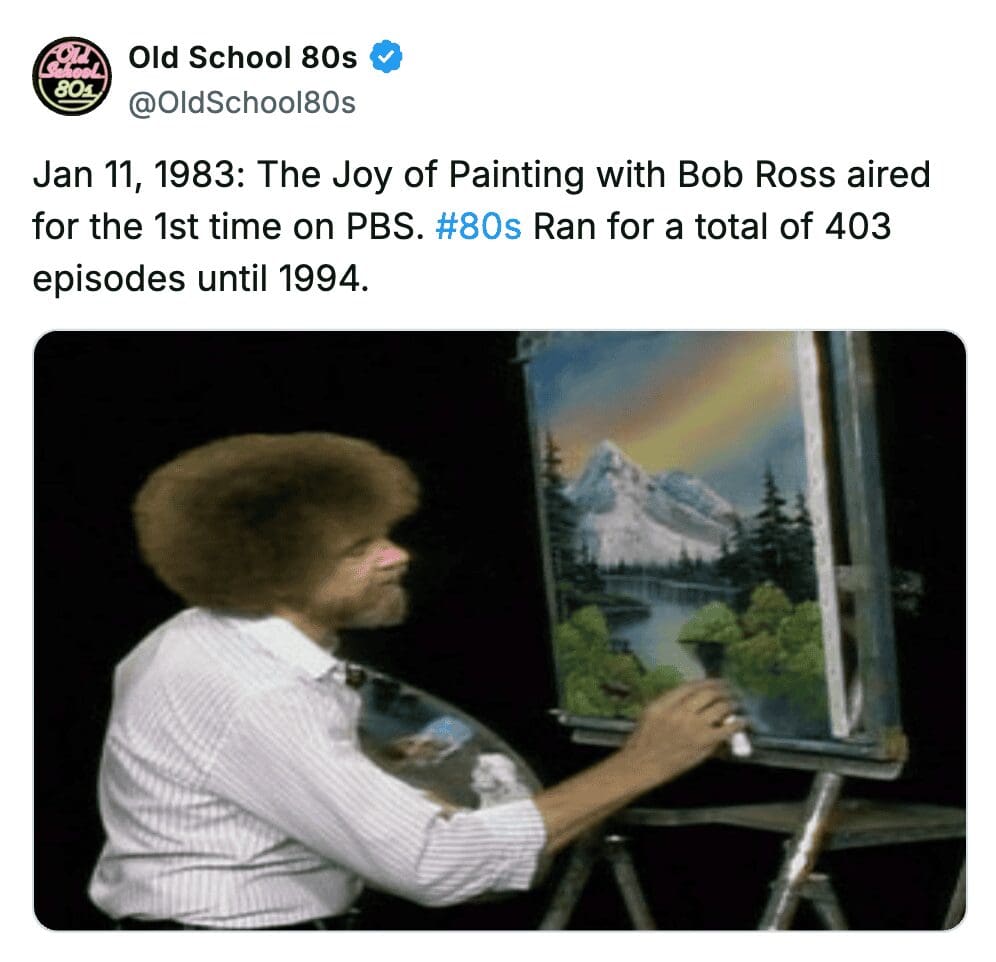 Bob Ross painting a serene mountain landscape during the 1983 debut of The Joy of Painting.
