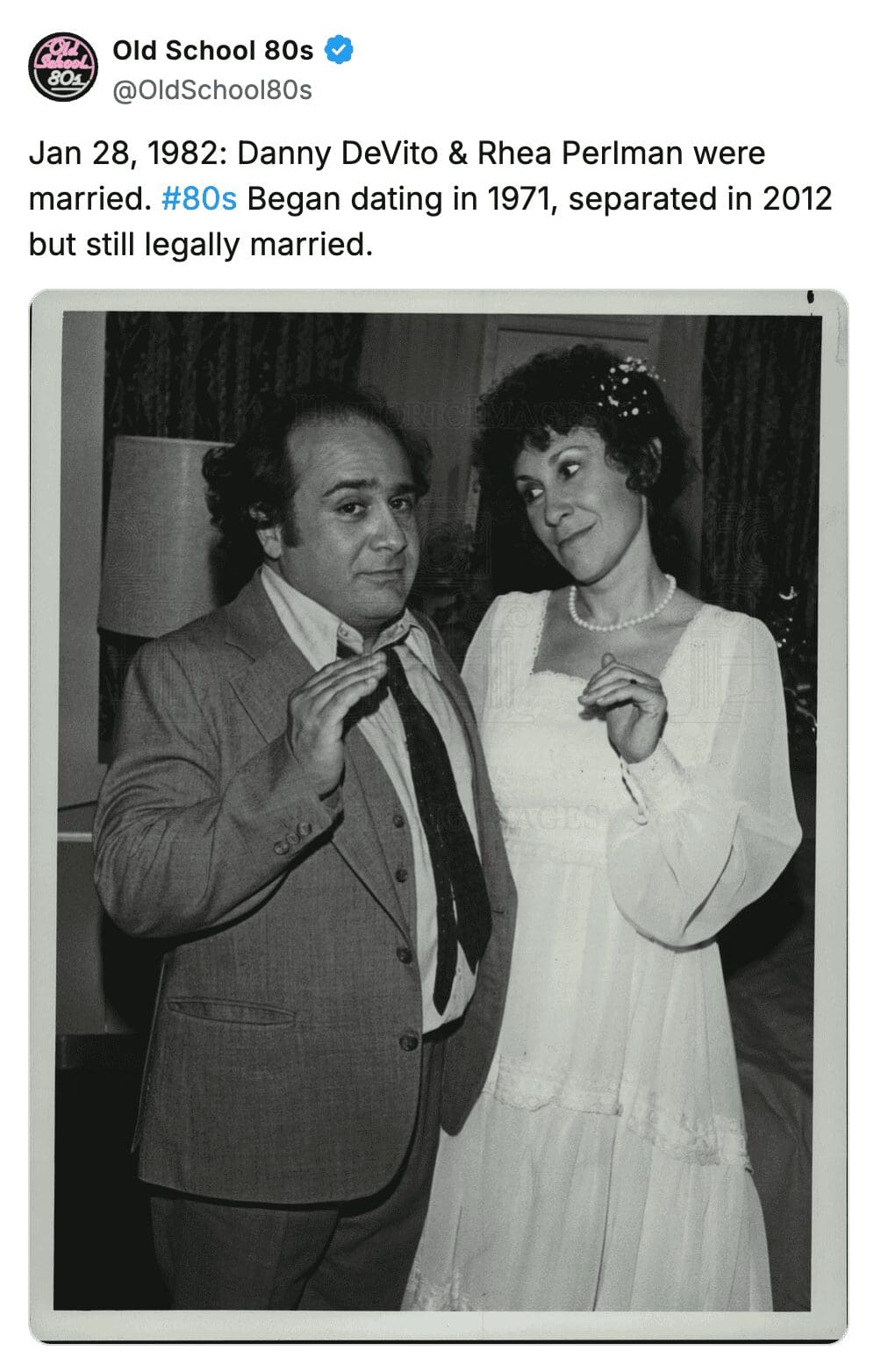 Black and white wedding photo of Danny DeVito and Rhea Perlman from January 1982.