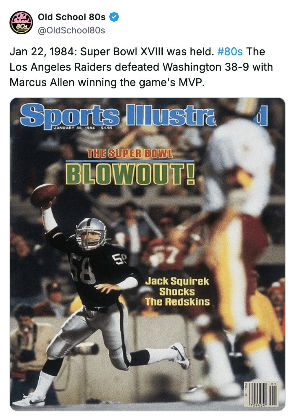 Sports Illustrated cover featuring Jack Squirek and the Raiders' 1984 Super Bowl XVIII victory.
