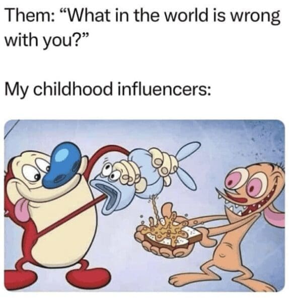 Ren and Stimpy engaging in gross-out humor by squeezing a fish over a piece of bread.