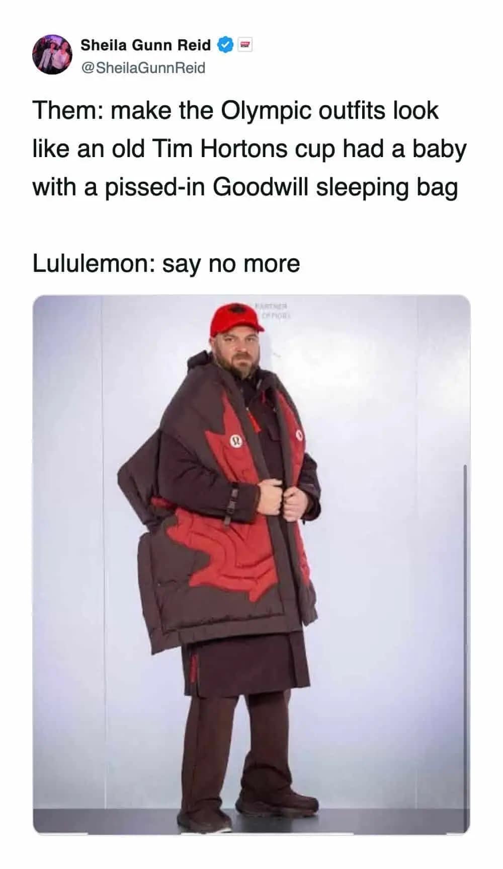A funny winter olympics reaction roasting the Lululemon team outfits for looking like a mix between an old Tim Hortons cup and a dirty sleeping bag.