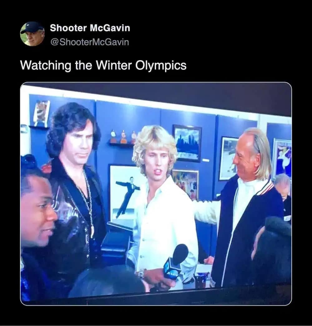 A funny winter olympics reaction meme using Shooter McGavin watching the movie Blades of Glory on TV to represent the vibe of figure skating.
