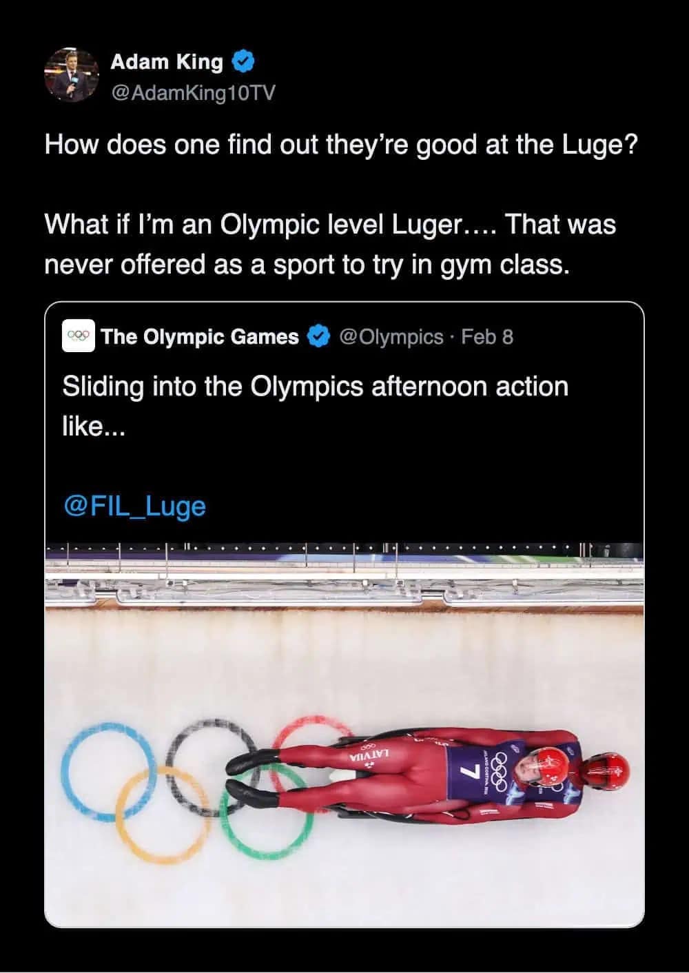 A funny winter olympics reaction tweet questioning how anyone discovers they are good at Luge since it is never offered in gym class.