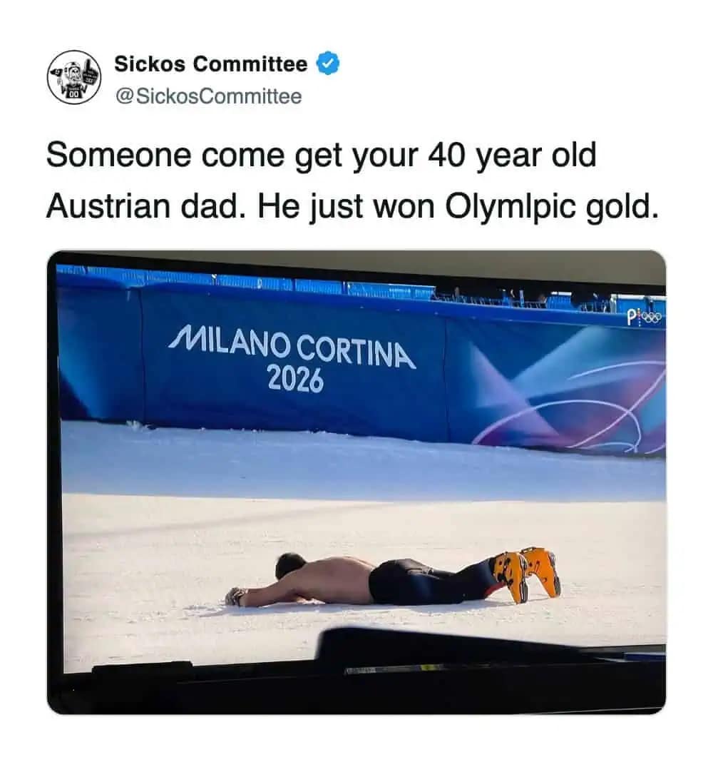 A funny winter olympics reaction showing a skier lying face-down in the snow with a caption comparing him to a passed-out 40-year-old Austrian dad.