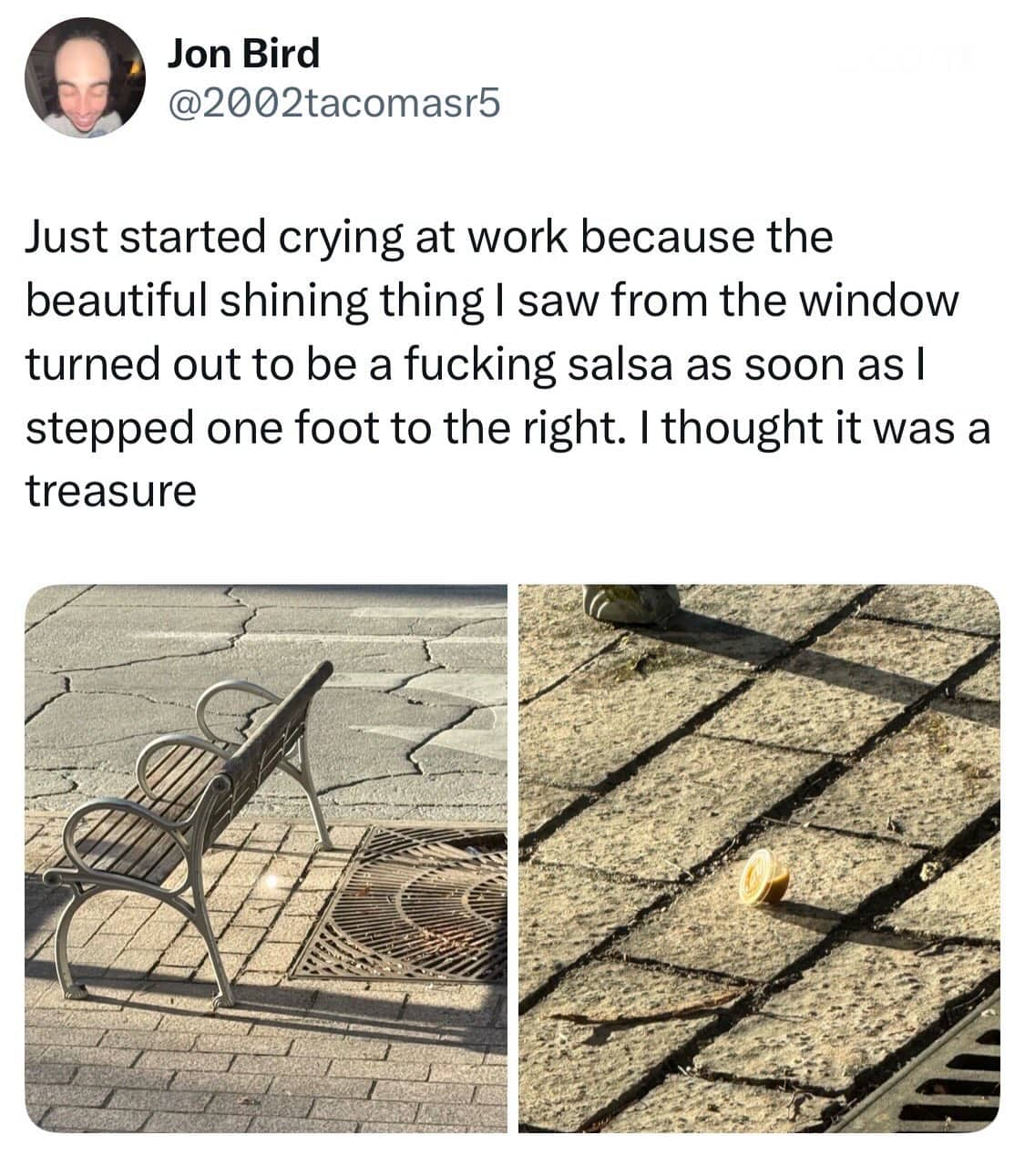 Social media post showing a shiny object on the ground that is actually a salsa cup.