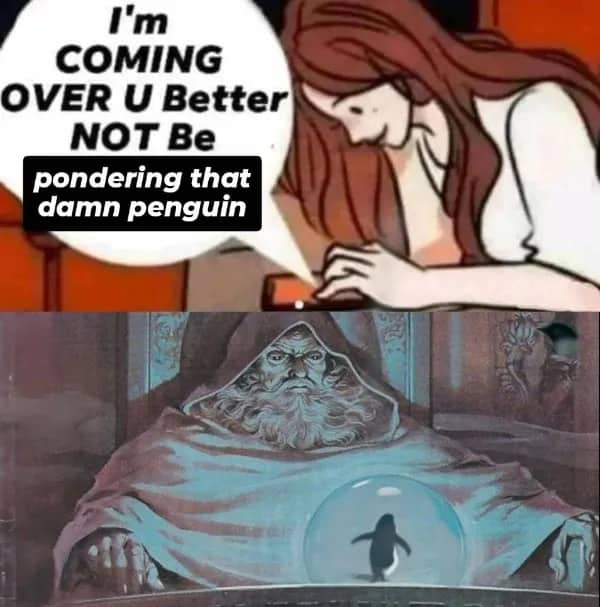 Wizard pondering a crystal ball containing a penguin silhouette with a text bubble warning.