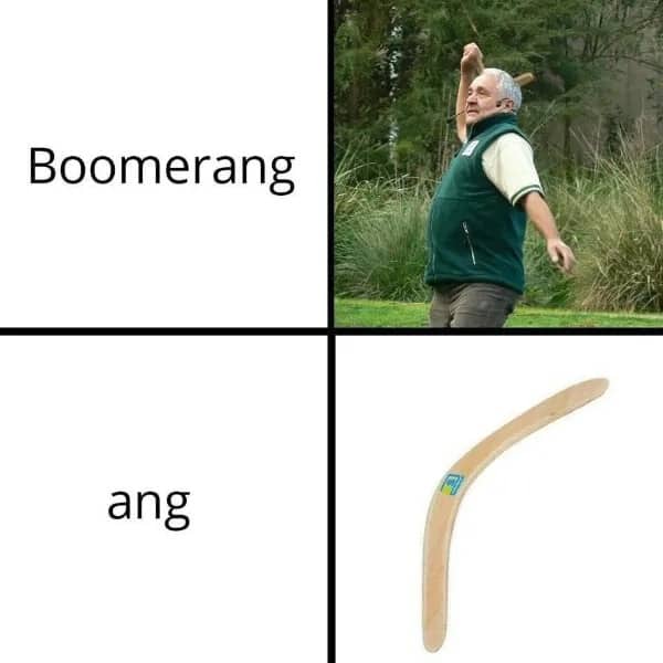 Two-panel meme comparing a boomer throwing a stick to a wooden boomerang labeled ang.