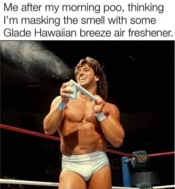 Vintage wrestler spraying himself with a canister to represent masking bathroom smells with air freshener.
