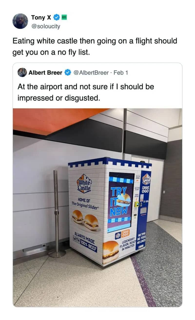 White Castle vending machine at an airport terminal with a tweet about no-fly lists.