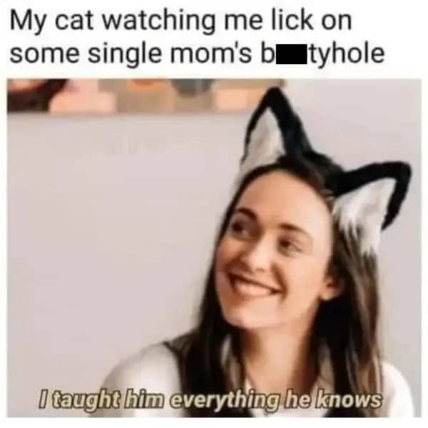 Woman wearing cat ears with a caption about a cat watching its owner licked by someone.